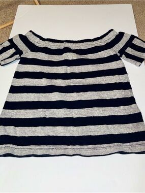 Madewell Navy and Gray Striped Off-Shoulder Top